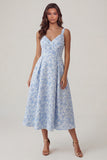 Blue Floral A Line Ruched Midi Wedding Guest Dress