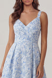 Blue Floral A Line Ruched Midi Wedding Guest Dress