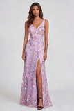 Floral Lilac A Line V Neck Maxi Wedding Guest Dress