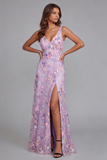 Floral Lilac A Line V Neck Maxi Wedding Guest Dress