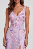 Floral Lilac A Line V Neck Maxi Wedding Guest Dress