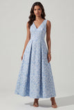 A Line Blue Floral V Neck Wedding Guest Dress