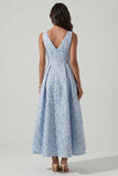 A Line Blue Floral V Neck Wedding Guest Dress