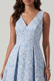 A Line Blue Floral V Neck Wedding Guest Dress