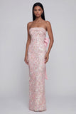 Floral Pink Strapless Bowed Wedding Guest Dress