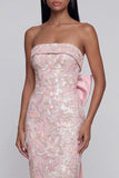 Floral Pink Strapless Bowed Wedding Guest Dress