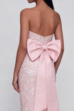 Floral Pink Strapless Bowed Wedding Guest Dress