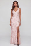 Pink Floral Sequin V Neck Maxi Wedding Guest Dress