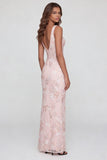 Pink Floral Sequin V Neck Maxi Wedding Guest Dress