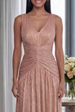 Ruched Dusty Rose A Line V Neck Formal Dress