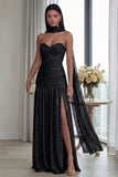 Strapless Ruched A Line Dusty Sage Formal Dress with Slit