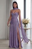 Strapless Ruched A Line Dusty Sage Formal Dress with Slit