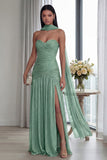 Strapless Ruched A Line Dusty Sage Formal Dress with Slit