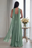Strapless Ruched A Line Dusty Sage Formal Dress with Slit