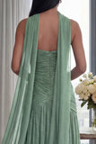 Strapless Ruched A Line Dusty Sage Formal Dress with Slit