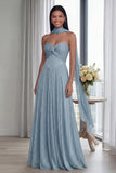 Strapless Sky Blue Ruched A Line Formal Dress