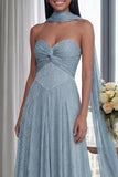 Strapless Sky Blue Ruched A Line Formal Dress