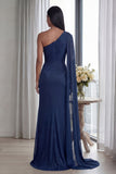 Navy One Shoulder Ruched Memaid Formal Dress