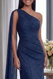 Navy One Shoulder Ruched Memaid Formal Dress