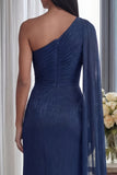 Navy One Shoulder Ruched Memaid Formal Dress