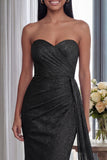Black Strapless Ruched Formal Dress with Streamer