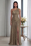Gold One Shoulder Ruched A Line Formal Dress
