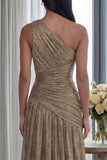 Gold One Shoulder Ruched A Line Formal Dress