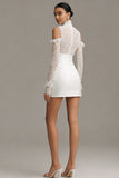 Long Sleeve High Neck Cut Out Mini White Dress