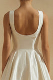 Satin A Line Scoop Neck Mini White Dress