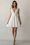A Line V Neck Mini White Dress