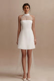 A Line High Neck Mini White Dress with Train
