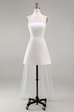 A Line High Neck Mini White Dress with Train
