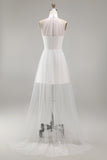 A Line High Neck Mini White Dress with Train