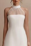 A Line High Neck Mini White Dress with Train