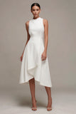 A Line Round Neck Ruffled Midi White Dress