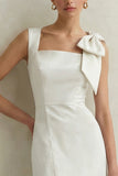 Satin Bodycon Midi White Dress with Bow