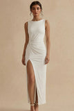 White Ruched Round Neck Formal Dress with Slit