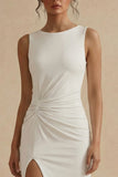 White Ruched Round Neck Formal Dress with Slit