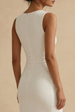 White Ruched Round Neck Formal Dress with Slit