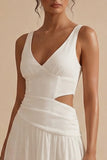 A Line Cut Out V Neck White Dress