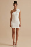 One Shoulder 3D Flower Bodycon Mini White Dress