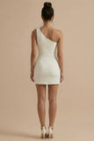 One Shoulder 3D Flower Bodycon Mini White Dress