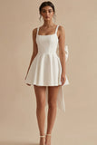 Satin A Line Mini White Dress with Bow