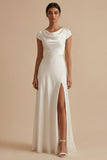 Cowl Neck Satin A Line White Dress with Slit