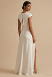 Cowl Neck Satin A Line White Dress with Slit