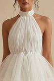 Halter Tulle Tiered Mini White Dress