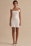 3D Flowers Spaghetti Straps Bodycon Mini White Dress