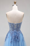 Blue Strapless Appliqued Corset A Line Tulle Prom Dress
