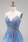 Blue Strapless Appliqued Corset A Line Tulle Prom Dress