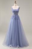 Blue Corset Appliqued A Line Tulle Maxi Prom Dress